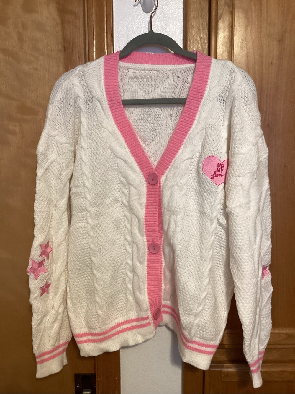 White Cable-Knit Cardigan with Pink Trim and Heart and Star Detail, NWOT